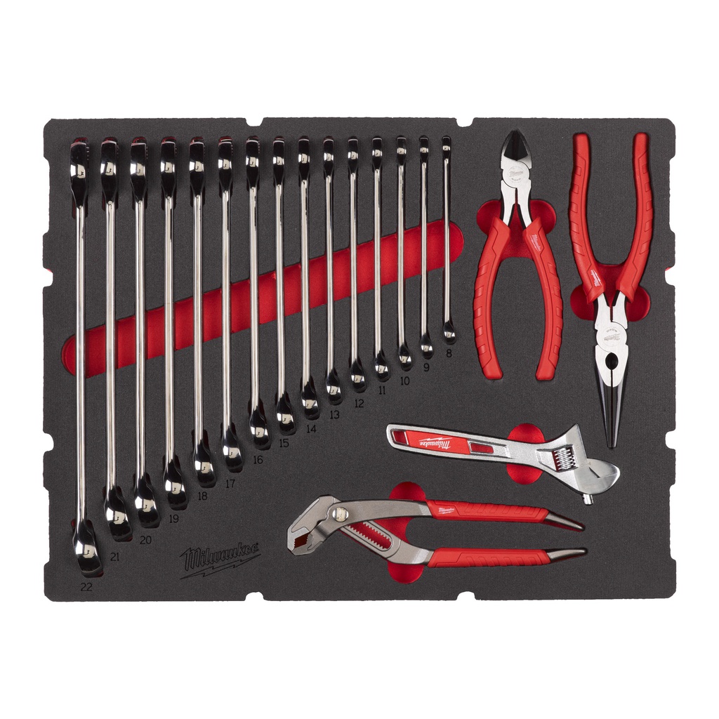 Wkładki piankowe do szuflad PACKOUT™ z kluczami MAX BITE™ i szczypcami Milwaukee | Maxbite Combination Spanner and Plier Set Foam Insert