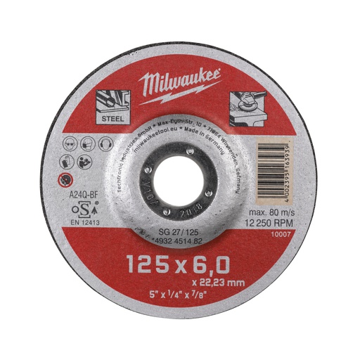 [4932451482] Tarcze do szlifowania metalu serii Contractor Milwaukee | SG 27 / 125 x 6 x 22 mm Contractor series - 25 pcs